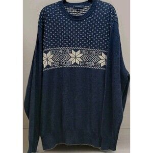 Crown & Ivy Men’s XL Lambswool Blend Fair Isle Snowflake Sweater Blue Crew Neck